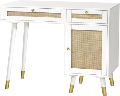 Anmytek Rattan Vanity Desk with Drawers and Storage, White Makeup Vanity Table Modern Home Office Desk Computer Desk for Study D0006