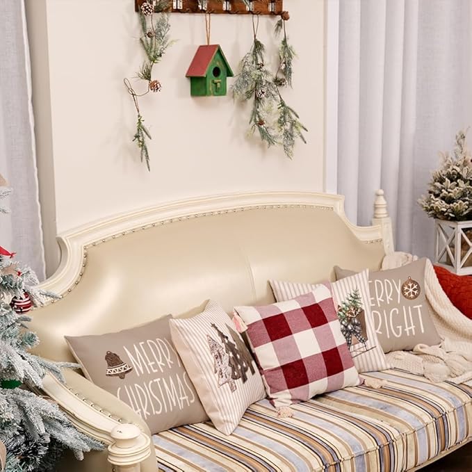 GEEORY Christmas Pillow Covers 20 x 20 Inch Set of 4, Striped Wooden Tree Snow Sleigh Merry Bright Xmas Holiday Decor Decorative Throw Cushion Case Decoration for Home Party Sofa Couch (Brown)