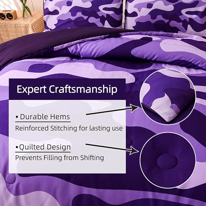 Meeting Story Camo Twin bedding Set Purple Camouflage Comforter Set, 3 PCS One Comforter and Two Pillowcases All Season Lightweight Bedspread for Kids Teens Adults (Purple, Twin)