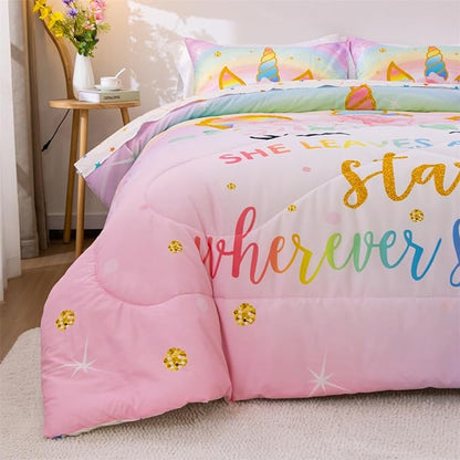 NTBED Unicorn Full Comforter Set with Sheets,5 Pieces Kids Bedding Sets for Girls, Lightweight Microfiber Star Floral Bed in a Bag, Rainbow