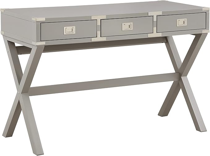 OSP Home Furnishings Wellington 46-Inch Writing Desk with Power Hub and 3 Storage Drawers, Grey