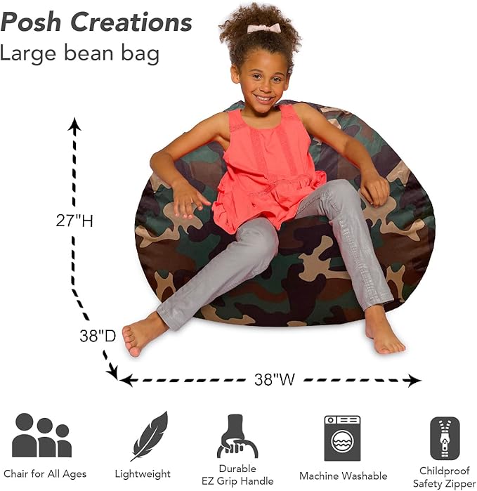 Posh Creations Bean Bag Chair for Kids, Teens, and Adults Includes Removable and Machine Washable Cover, Soft Nylon - Camo Green, 38in - Large