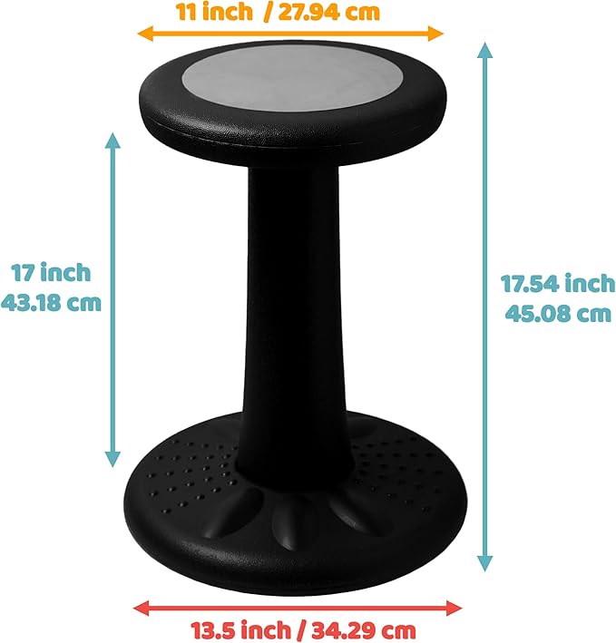 Studico ActiveChairs Kids Wobble Chair, Flexible Elementary Classroom Seating, Improves Focus, Posture and Helps ADHD/ADD, Sensory Chair, Active Fidget Chairs, Pre-Teen 17.75" Stool, Ages 7-12, Black