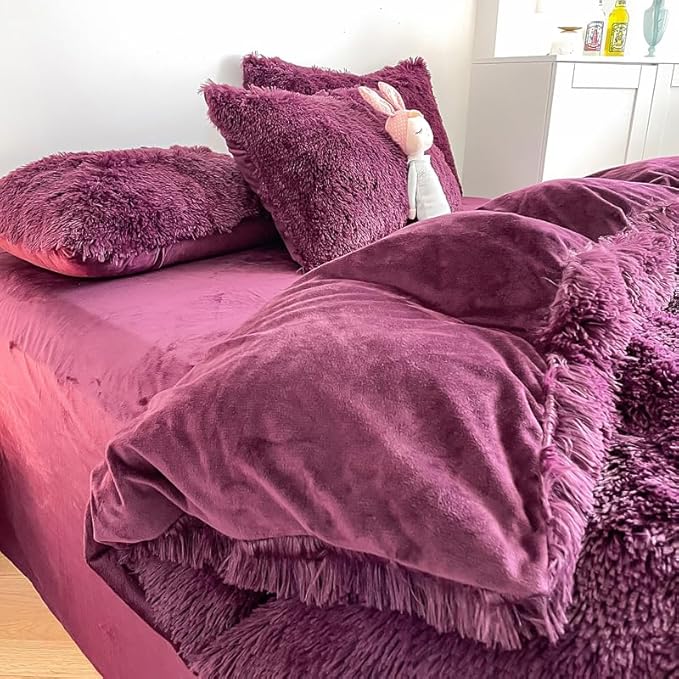 Faux Fur Kids Girls Grape Purple Comforter Sets Twin/Full - 3PC Bed Set Warm Comfortable Soft Plush Flannel Velvet Fluffy Fuzzy Bedding（Comforter x 1 Pillowcases x 2）