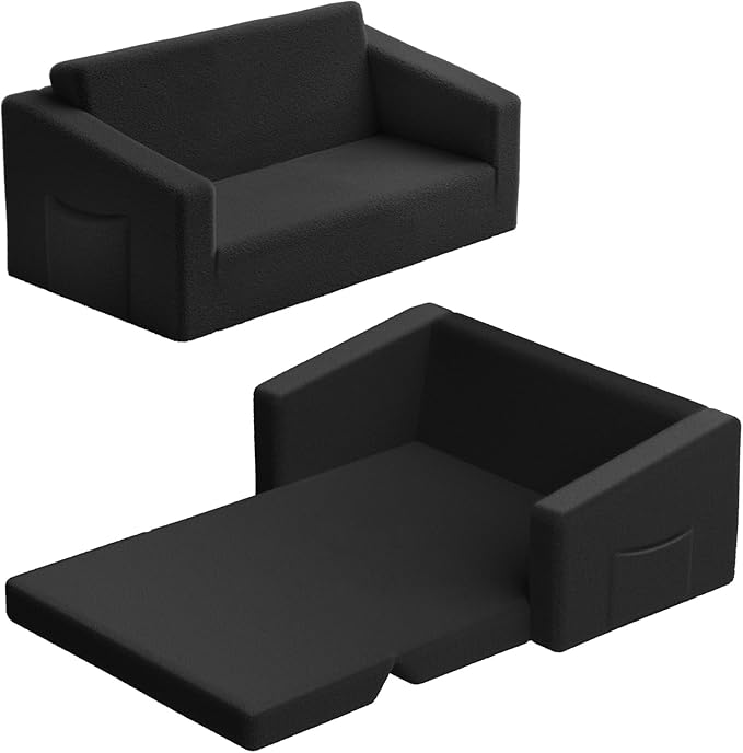 Extra Wide 2 Seater Kids Couch, 2-in-1 Toddler Chairs for Boys & Girls, Kids Sofa with Storage, Comfortable Mini Couch for Kids, Fun Kids Lounge Chair, Toddler Furniture,Children's Gifts(Black)