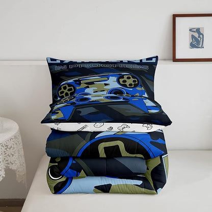 Boys Gamepad Comforter Set Full Size Teens Gamer Bedding Set Retro Blue Camouflage Video Game Controller Comforter for Kids Youth Bedroom Decor Gamer Console Action Buttons Duvet Set Microfiber