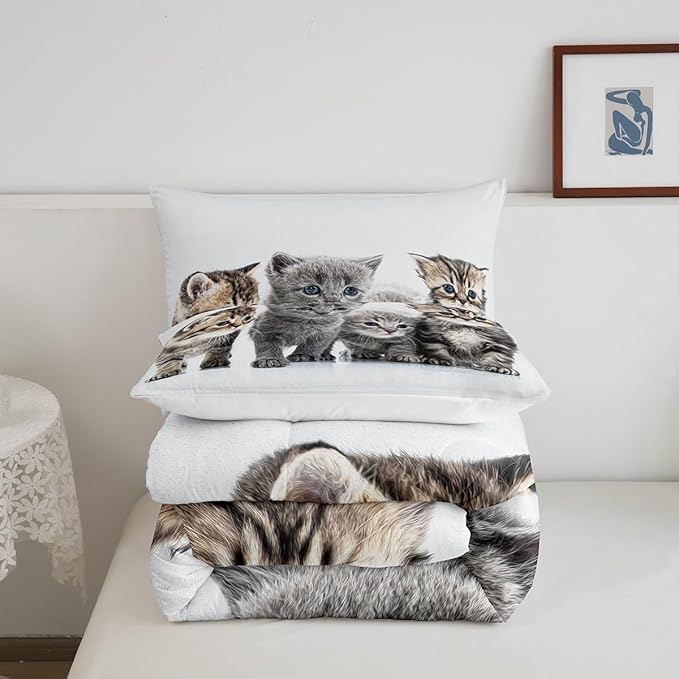 Little Cat Bedding Set Lovely Pet Cats Comforter Cat Lover's Animal Themed Design Comforter Set for Boys Girls Kids Room Decor Cute Kitten Print Duvet Set Twin Size with 1 Pillow Case