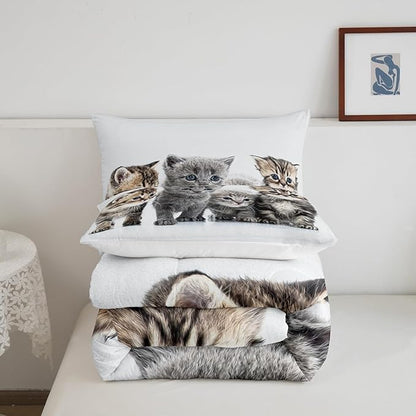 Little Cat Bedding Set Lovely Pet Cats Comforter Cat Lover's Animal Themed Design Comforter Set for Boys Girls Kids Room Decor Cute Kitten Print Duvet Set Twin Size with 1 Pillow Case