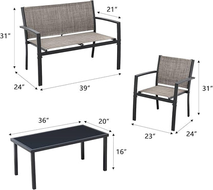 Greesum 4 Pieces Patio Furniture Set Outdoor Conversation Textilene Fabric Chairs for Lawn, Garden, Balcony, Poolside with A Glass Coffee Table, Brown