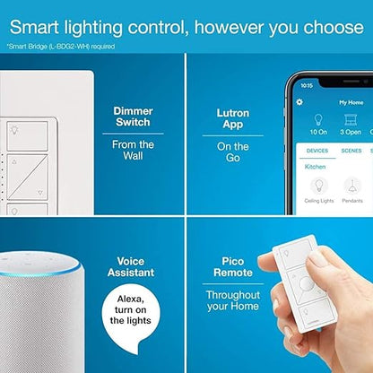 Lutron Caseta Original Smart Dimmer Switch (Lutron Smart Hub Required), for LED Lights, 150 Watt, Single-Pole/3-Way, No Neutral Required, PD-6WCL-IV, Ivory