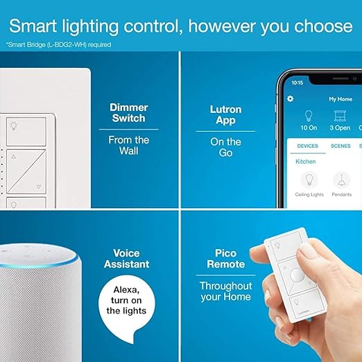 Lutron Caseta Original Smart Dimmer Switch (Lutron Smart Hub Required), for LED Lights, 150 Watt, Single-Pole/3-Way, No Neutral Required, PD-6WCL-LA 4-PACK, Light Almond, 4 Pack