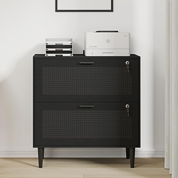 2 Drawer File Cabinet, Lateral File Cabinet with Lock, Rattan Wood Filing Organization Cabinet for Home Office, Black