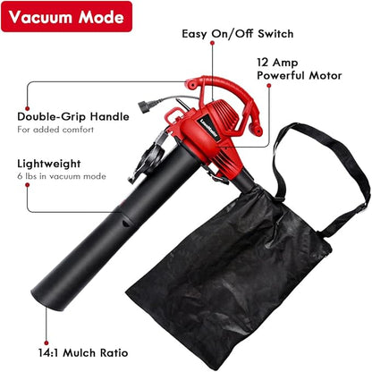 LawnMaster Red Edition BV1210 1201 Electric Blower Vacuum Mulcher 12 Amp 2-Speed Adjustment with Metal Impeller 240 MPH 380 CFM 14:1 Mulch Ratio