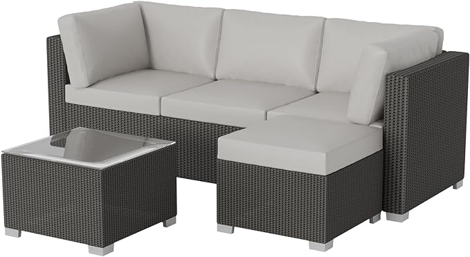 GAOMON 5-Piece Outdoor Patio Rattan Wicker Sofa Set, Pe Rattan Conversation Sectional with Thickened Back Cushion, Glass Tabletop, Ottoman - Ideal for Courtyard Space, Light-grey