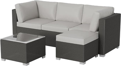 GAOMON 5-Piece Outdoor Patio Rattan Wicker Sofa Set, Pe Rattan Conversation Sectional with Thickened Back Cushion, Glass Tabletop, Ottoman - Ideal for Courtyard Space, Light-grey
