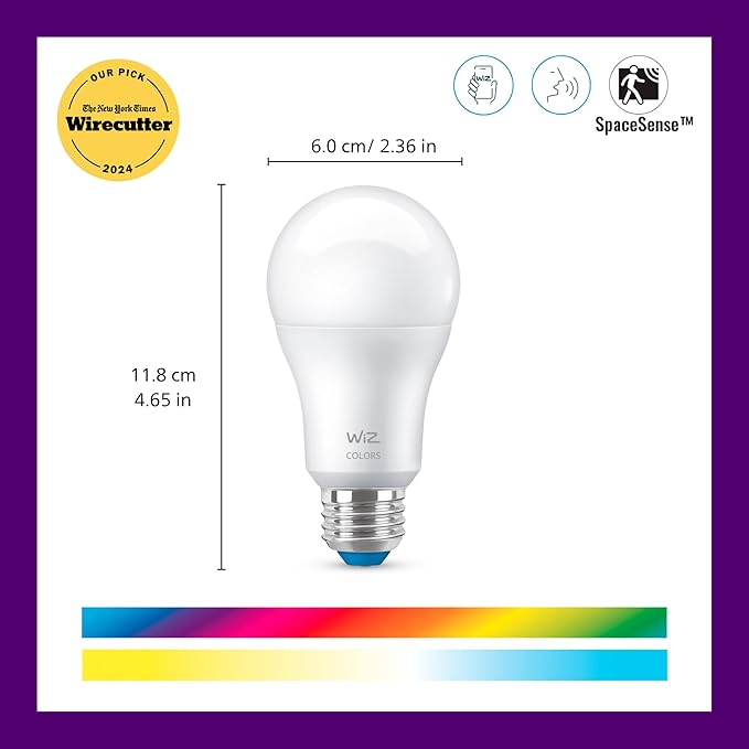 WiZ 60W A19 Color LED Smart Bulb - Pack of 6 - E26- Indoor - Connects to Your Existing Wi-Fi - Control with Voice or App + Activate with Motion - Matter Compatible