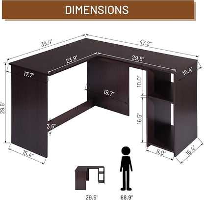 FurnitureR 47.2-Inch L-Shaped Computer Desk Home Office Study Writing Corner Gaming Table Retro Design Work Station Space-Saving for Study Room Bedroom, Brown