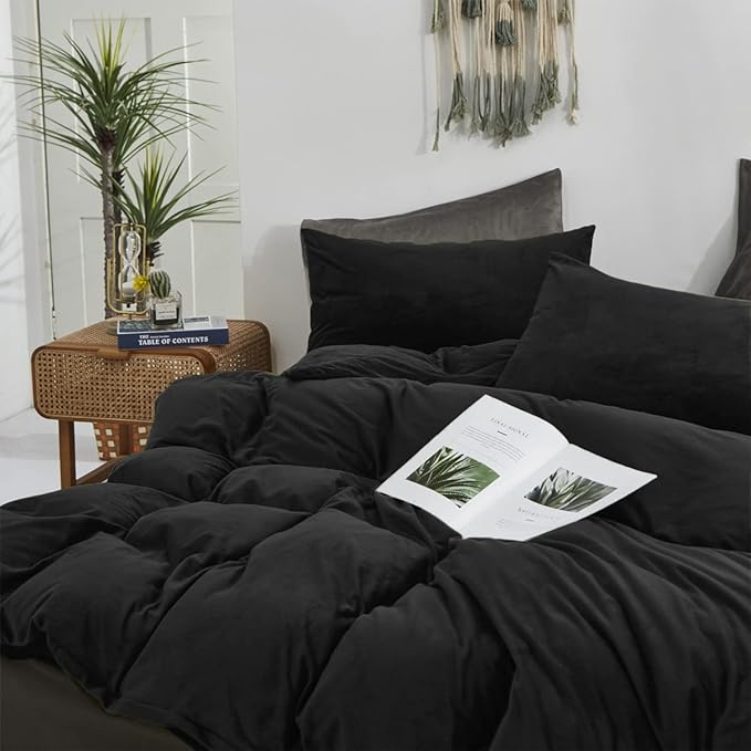 Wellboo Black Velvet Comforter Sets Twin Solid Black Fluffy Bedding Comforters Women Men Plain Dark Color Flannel Quilt Modern Minimalist All Black Comforters Twin Size Micromink Sherpa Plush Bedding