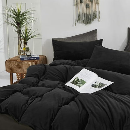 Wellboo Black Velvet Comforter Sets Full Solid Black Fluffy Bedding Comforters Women Men Plain Dark Color Flannel Quilt Modern Minimalist All Black Comforters Full Size Micromink Sherpa Plush Bedding