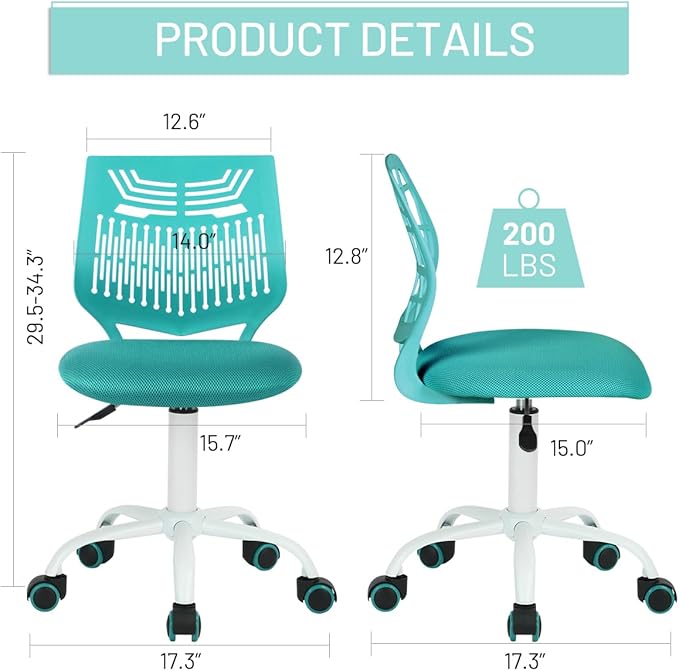 FurnitureR Desk Chair Armless Home Office Task Chair with Mesh Padded Cushion Swivel Study Chair with Rolling Wheels for Kids Teens Children, Turquoise