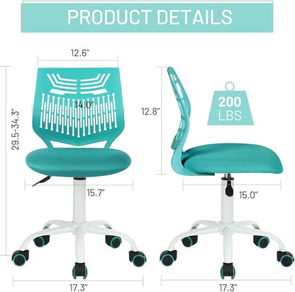 FurnitureR Desk Chair Armless Home Office Task Chair with Mesh Padded Cushion Swivel Study Chair with Rolling Wheels for Kids Teens Children, Turquoise
