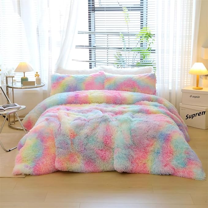 Faux Fur Kids Girls Rainbow Comforter Sets Queen - 3PC Bed Set Warm Comfortable Soft Plush Flannel Velvet Fluffy Fuzzy Bedding（Comforter x 1 Pillowcases x 2）