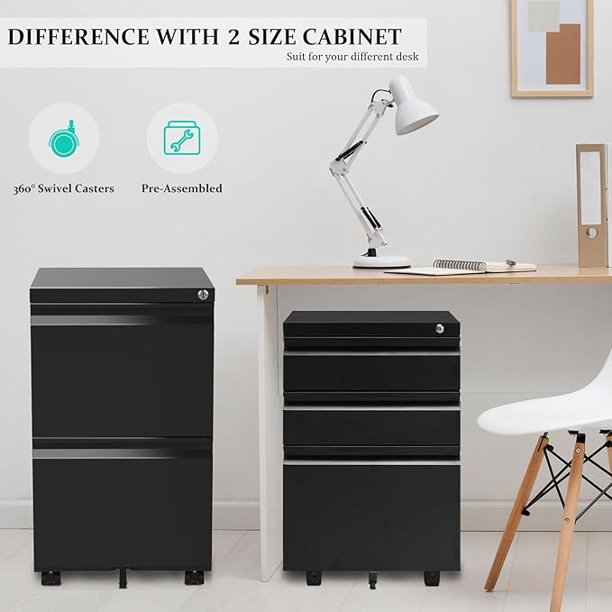 2-Drawer Mobile File Cabinets Rolling Metal Filing Cabinet for Legal & Letter File Anti-tilt Design with Lock Under Desk Office Drawers Fully Assembled Except Casters Black