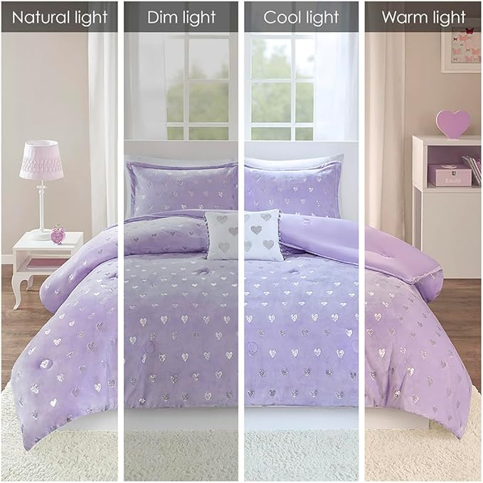 Mi Zone Rosalie Comforter Set for Girls, Ultra-Soft Microlight Plush Metallic Printed Hearts Brushed Reverse Overfilled Down Alternative Hypoallergenic All Season, Twin/Twin XL, Purple/Silver, 3 Piece