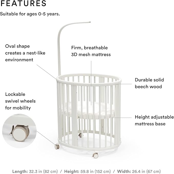 Stokke Sleepi Mini Bundle, White - includes Crib/Bed, Mattress & Drape Rod - Suitable for Ages 0-5 Years Old - Adjustable & Stylish