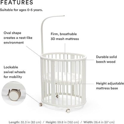 Stokke Sleepi Mini Bundle, White - includes Crib/Bed, Mattress & Drape Rod - Suitable for Ages 0-5 Years Old - Adjustable & Stylish