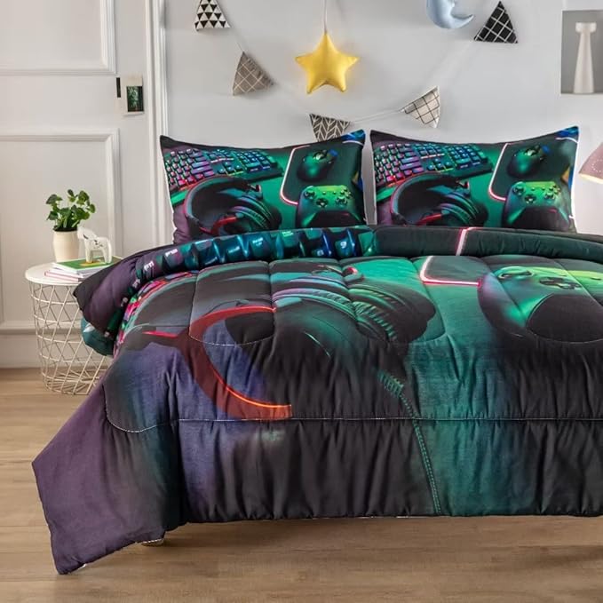 Gamer Comforter Sets for Teen Boys,Gaming Bedding Sets Twin,Video Game Bedspread,Game Gamepad Bed Set,Controller Bedding Gamer Home Decor 3 Piece 1 Comforter and 2 Pillowcases