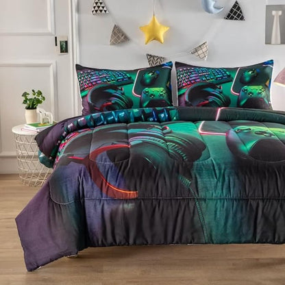 Gamer Comforter Sets for Teen Boys,Gaming Bedding Sets Queen,Video Game Bedspread,Game Gamepad Bed Set,Controller Bedding Gamer Home Decor 3 Piece 1 Comforter and 2 Pillowcases