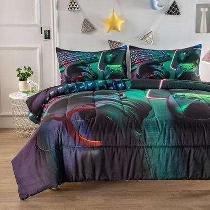 Gamer Comforter Sets for Teen Boys,Gaming Bedding Sets Full,Video Game Bedspread,Game Gamepad Bed Set,Controller Bedding Gamer Home Decor 3 Piece 1 Comforter and 2 Pillowcases