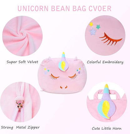 Unicorn Stuffed Animal Toy Storage, Kids Bean Bag Chair COVER ONLY, Velvet Extra Soft Stuffed Organization Replace Mesh Toy Hammock for Kids Blankets Towels Clothes Home Supplies Pink