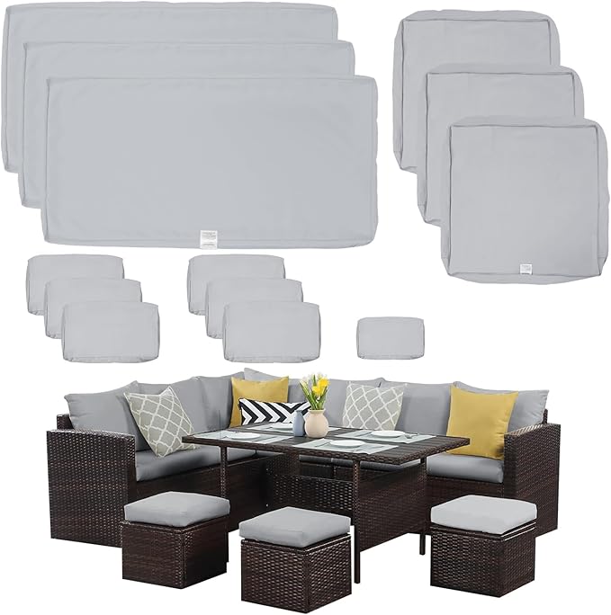 ClawsCover 13Pack Outdoor Seat and Back Cushions Replacement Covers Fit for 7Pieces Wicker Rattan Patio Furniture Set Sectional Couch with Dining Table and Ottoman,Gray-Include Cover Only