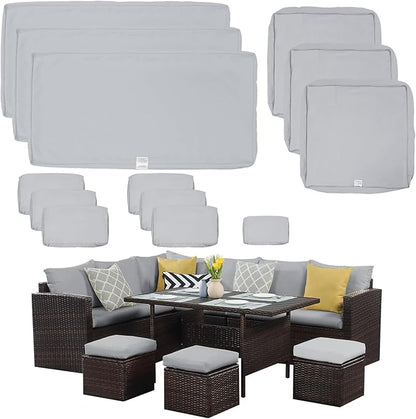 ClawsCover 13Pack Outdoor Seat and Back Cushions Replacement Covers Fit for 7Pieces Wicker Rattan Patio Furniture Set Sectional Couch with Dining Table and Ottoman,Gray-Include Cover Only