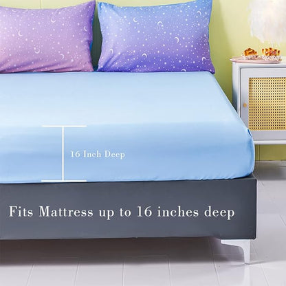 URBONUR Girls Comforter Set Full Size Gradient Purple Orange Moon Star Print Bedding Comforter with Sheets Set 6 Pcs Bed in A Bag (Comforter, Flat Sheet, Fitted Sheet, Pillowcases and Cushion Cover)