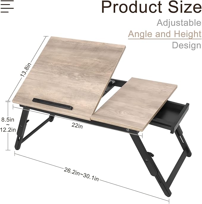 Bamboo Laptop Desk Bed Tray Table Adjustable Table for Computer Tilting Top Foldable Leg with Drawer