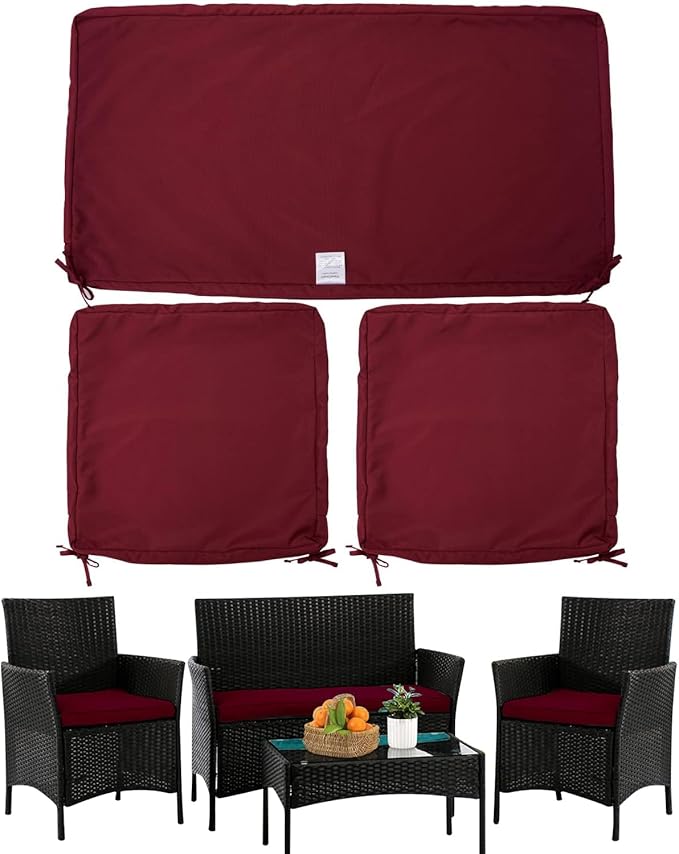 ClawsCover 3Pack Outdoor Seat Cushions Replacement Covers Fit for 4 Pieces Wicker Rattan Furniture Patio Conversation Set Loveseat Chair,38x19x2,19x19x2,Burgundy-Large (Include Cover Only)