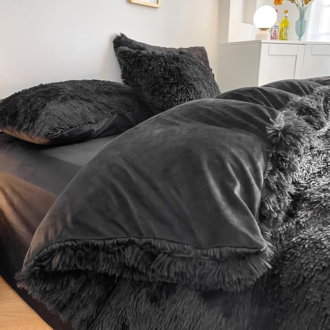 Faux Fur Kids Girls Black Comforter Sets King - 3PC Bed Set Warm Comfortable Soft Plush Flannel Velvet Fluffy Fuzzy Bedding（Comforter x 1 Pillowcases x 2）