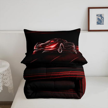 Feelyou Red Race Car Bedding Set Queen Size for Kids Boys Extreme Sport Games Comforter Set Teens Toddler Fast and Furious Duvet Set Cool Modern Quilt Set 3Pcs