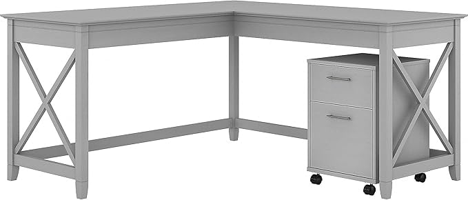 Bush Furniture Key West 60W L Shaped Desk with 2 Drawer Mobile File Cabinet in Cape Cod Gray