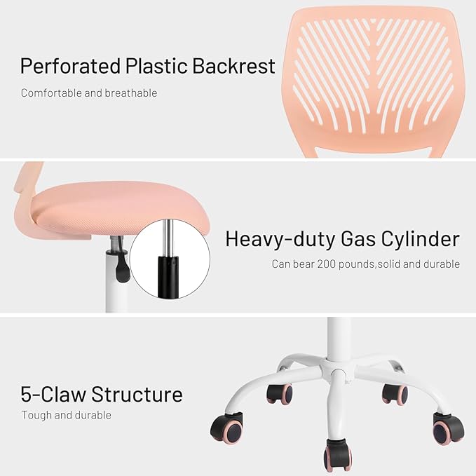 FurnitureR Desk Chair Small Study Chairs Armless for Child Kids Teens, Swivel Rolling Lightweight Task Chair with Wheels and Mesh Padded Cushion, Orange Rose