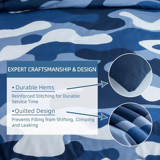 Meeting Story Camouflage Bedding Set, Colorful Pattern Style Comforter Set, 3 PCS One Comforter Two Pillowcases Two Sheets in One Bag, All Season Bedspread for Teens Adults (Navy,King