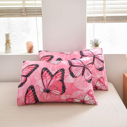 Btargot 3 Piece Pink Butterfly Girls Kids Adults Queen Size Comforter Set, Lightweight Soft All Season Bedding Set with 2 Pillowcases