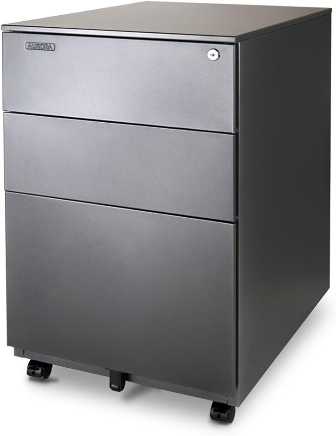 Aurora Modern SOHO Design 3-Drawer Metal Mobile File Cabinet with Lock Key Sliding Drawer, Fully Assembled, Metallic Charcoal