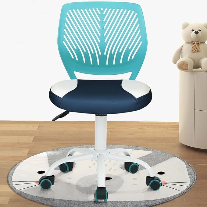 Desk Chair Small Study Chairs Armless for Children Kids Teens, Swivel Rolling Lightweight Task Chair with Wheels and Pu Leather Padded Cushion, Green/Navy