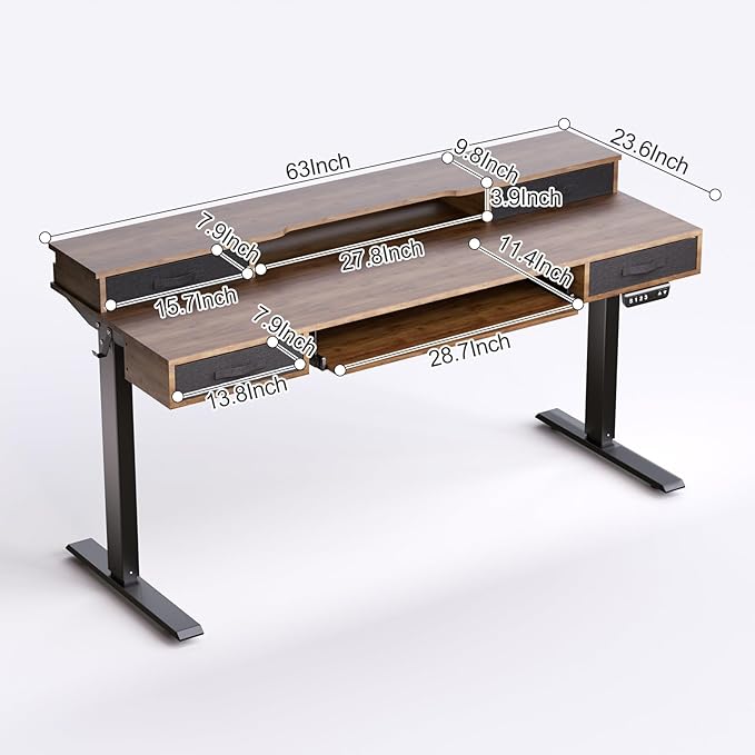Electric Standing Desk, Multifunctional Standing Desk Adjustable Height, 63 * 24 Standing Desk with 4 Drawers, Ergonomic Adjustable Standing Desk with Keyboard Tray, Rustic Brown