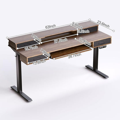 Electric Standing Desk, Multifunctional Standing Desk Adjustable Height, 63 * 24 Standing Desk with 4 Drawers, Ergonomic Adjustable Standing Desk with Keyboard Tray, Rustic Brown