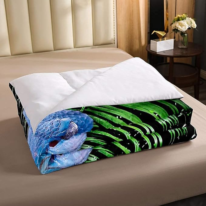 Erosebridal Snake Comforter Set Full, Blue Snake Down Comforter, 3D Reptile Bedding Set, Blue Scales Quilt Set, Palm Leaf Wild Animal Stylish Duvet Set for Kids Boys Teens Man Bedroom Decor